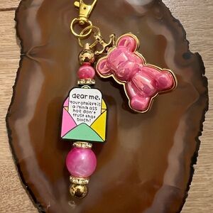Pink Bear Keychain with Colorful Charm